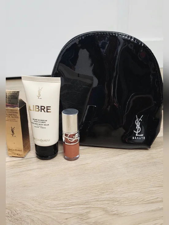 New Ysl Black Patent Leather Makeup Pouch Bag + 2 Pcs Makeup Skincare Gift Set - Picture 1 of 5